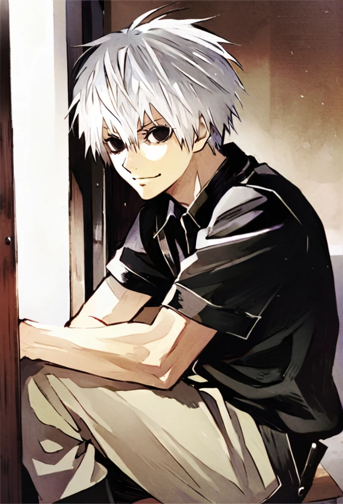 ```
ken kaneki, Tokyo Ghoul, white hair, black outfit, half-ghoul, serious expression,Smile 、黒のオーバーオール、白のシャツHigh Quality、Overall view、Uplifting、Peaceful everyday life、Inside the cafe、Sitting
```