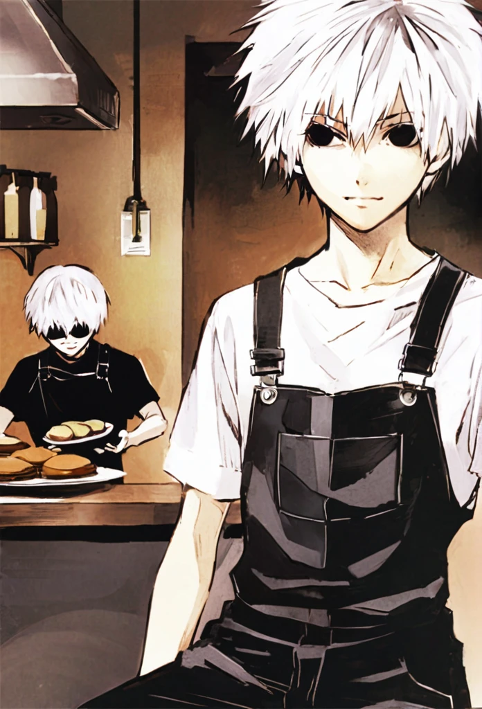 ```
ken kaneki, Tokyo Ghoul, white hair, black outfit, half-ghoul, serious expression,Smile 、黒のオーバーオール、白のシャツHigh Quality、Overall view、Uplifting、Peaceful everyday life、Inside the cafe、Sitting
```