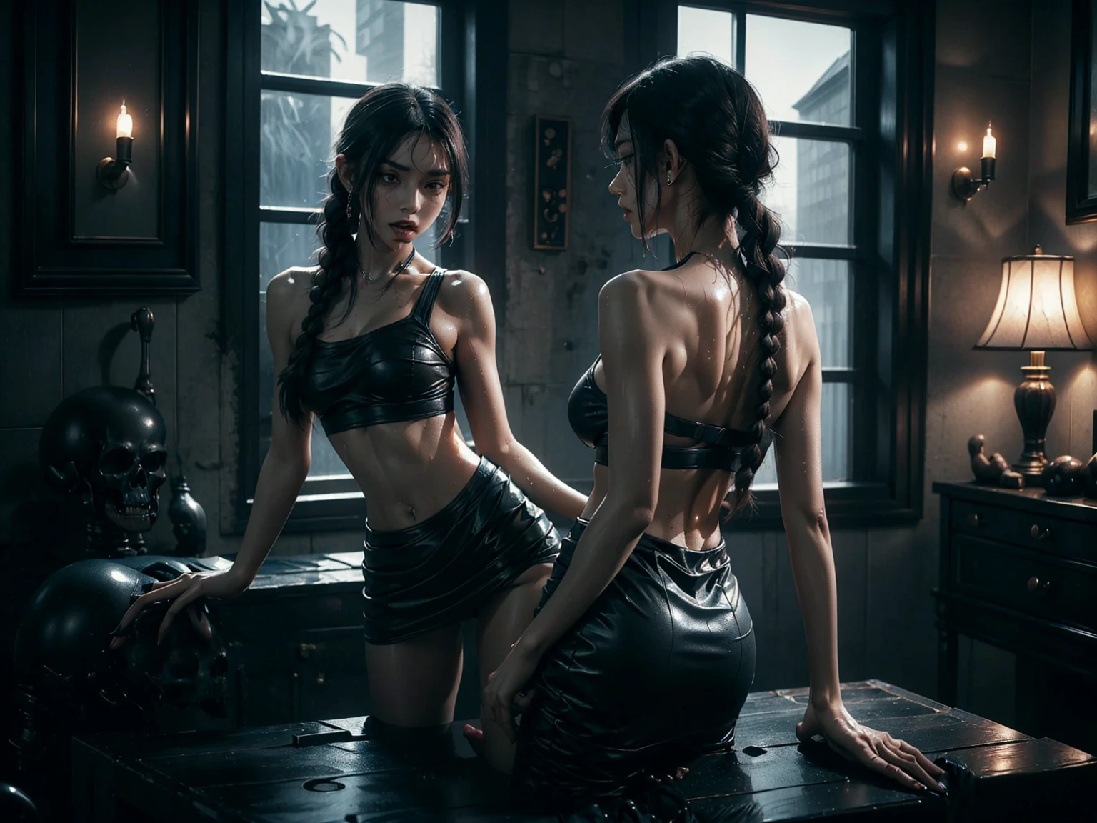 braided ponytails, ((short skirt)) (((Slutty skintight cybernetic Full AI skin and anatomy))), ((slutty braided hair)), ((She is in your bedroom, slutty )), Perfect back view of her tight butt, full body picture, she is a seductive slut, Perfect proportions, she has a perfect Ass... she wants to put your tiny shrunken body deep inside of her pussy, short hair with bangs and ponytails, beautiful horror, domination, death by pussy insertion, skinny sexy and slutty woman, she needs to have your tiny shrunken body deep inside of her pussy.... she wants you to choke inside of her pussy, she is the embodiment of sexual domination and lust, she is perfect, you are her prey, you are about to die inside of her pussy, small tight ass, giantess domination, human sex toy, helpless, she is a giantess and she wants to use your tiny shrunken body as a human dildo..., perfect anatomy, perfect arms and hands, better detail on her eyes... make her eyes look scary and beautiful, perfect sexy and slutty athletic body, perky nipples, wet, white cum, perfect tight butt, black hair, perfect legs and thighs, tight wet pussy, white dripping cum, ((Perfect eyes and face)), ((closed wet full lips)), ((perfect hands and fingers)), ((( a lot of white cum is dripping out of her pussy))), ((she has a very skinny and toned strong body)), ((makeup)), ((freckles)), ((perfect eyebrows)), ((sharper edges)), ((perfect scary grey eyes)), perfect face, slut, sadistic, predatory, better detail on her skin, perfect face and strong jawline, perfect full wet lips, sadistic atmosphere, wet sweaty skin, beautiful intimidating grey eyes, ((beautiful horror)), better lighting, more toned muscles, perfect detail on her intimidating eyes, very tight underwear, ((tight pussy)), (((tighter clothing))), slutty, intense, perfect detail, ((piercings)), better detail on her bellybutton, skinny, skinny and strong, more skin showing, intense, slutty, freckles, long skinny perfect legs, scary and intense, super slutty