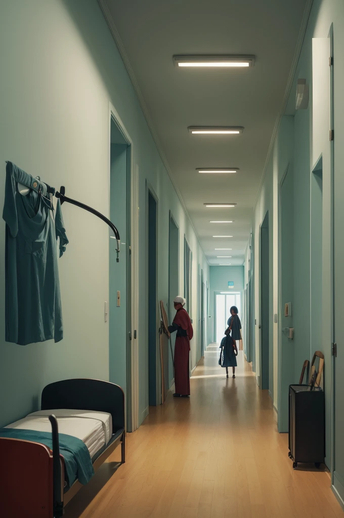 imageio, in gouache painting style, hospital corridor, with beds on the left and right side, all busy. In the background of the room, the skull of death holding the scythe.