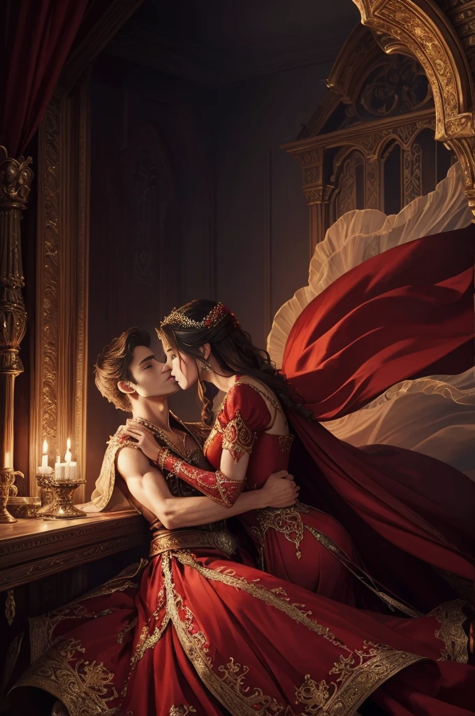 Fantasy illustration of a princess in a red dress, handsome prince, ethereal, detailed, highres, romantic, fantasy, detailed dress, love, intricate details, magical atmosphere,couple, couple, sensual, sultry, kissing