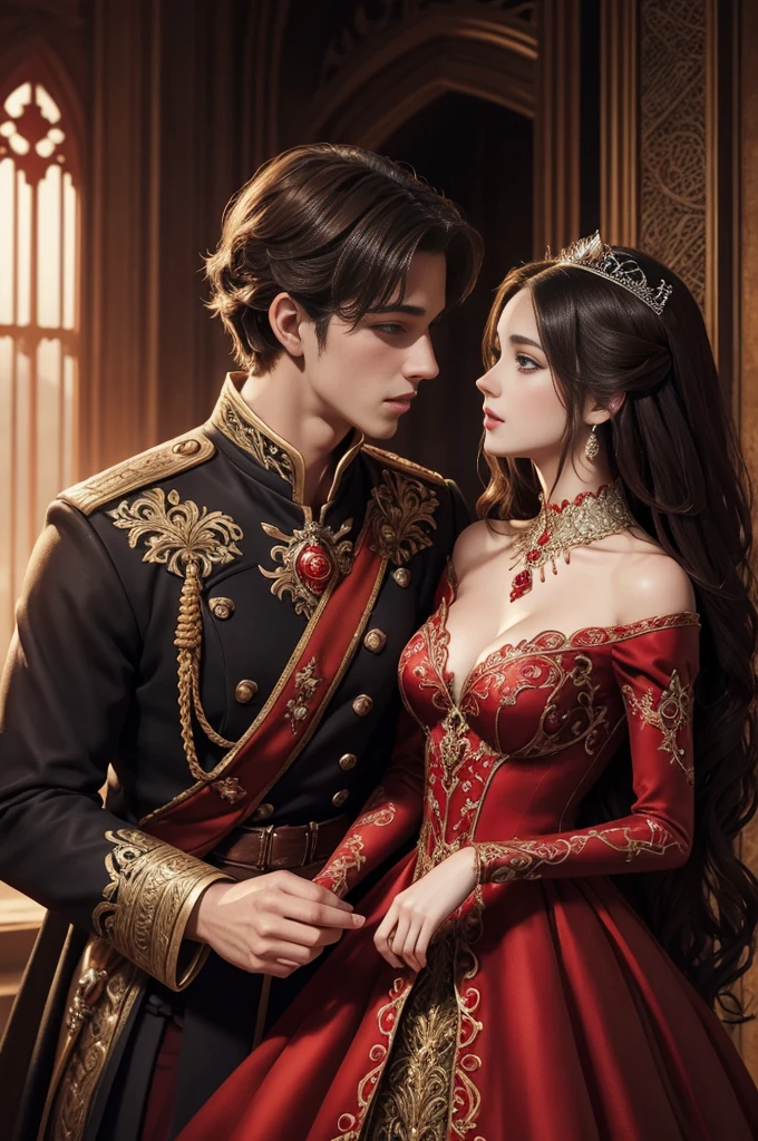 Fantasy illustration of a princess in a red dress, handsome prince, ethereal, detailed, highres, romantic, fantasy, detailed dress, love, intricate details, magical atmosphere,couple, couple, sensual, sultry, kissing