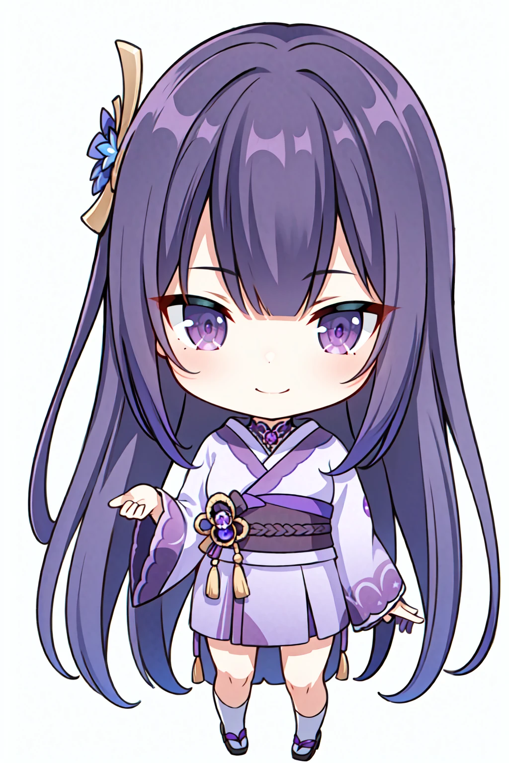 (masterpiece, best quality, highres, 8k:1.3),   1girl, solo, long hair, One braid hair, (purple hair:1.1), Hair ornament, purple eyes, purple kimono, standing, chibi, smile, detail color, detail skin Cristal, Glowing skin,