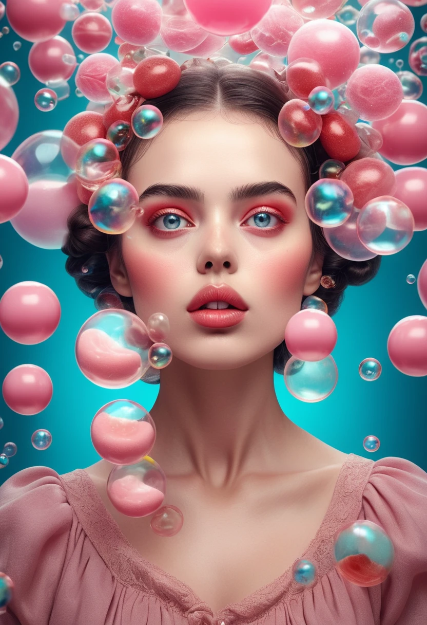 A young woman in a surreal, dreamlike environment, with beautifully detailed eyes and lips, surrounded by floating French bubble gum, inspired by the art of Frida Kahlo, masterpiece, best quality, 8k, highres, ultra-detailed, photorealistic, vivid colors, studio lighting, professional