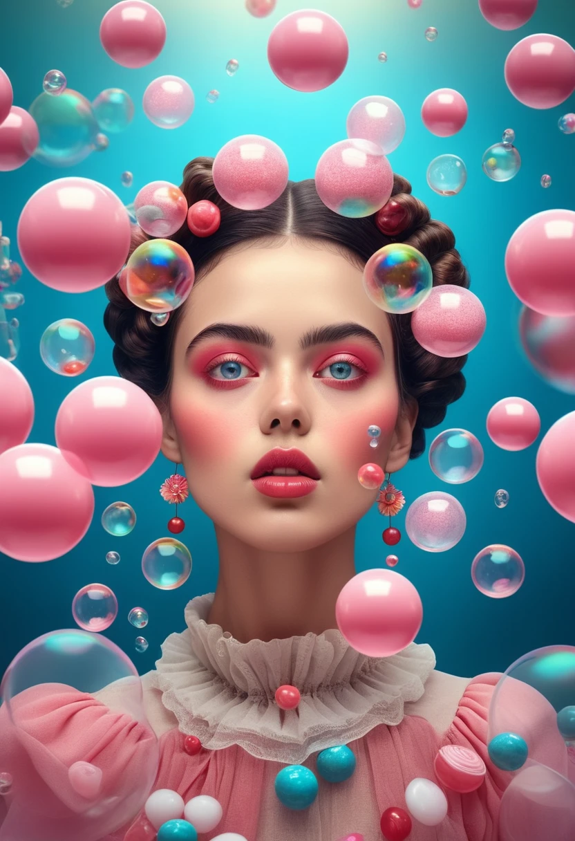 A young woman in a surreal, dreamlike environment, with beautifully detailed eyes and lips, surrounded by floating French bubble gum, inspired by the art of Frida Kahlo, masterpiece, best quality, 8k, highres, ultra-detailed, photorealistic, vivid colors, studio lighting, professional