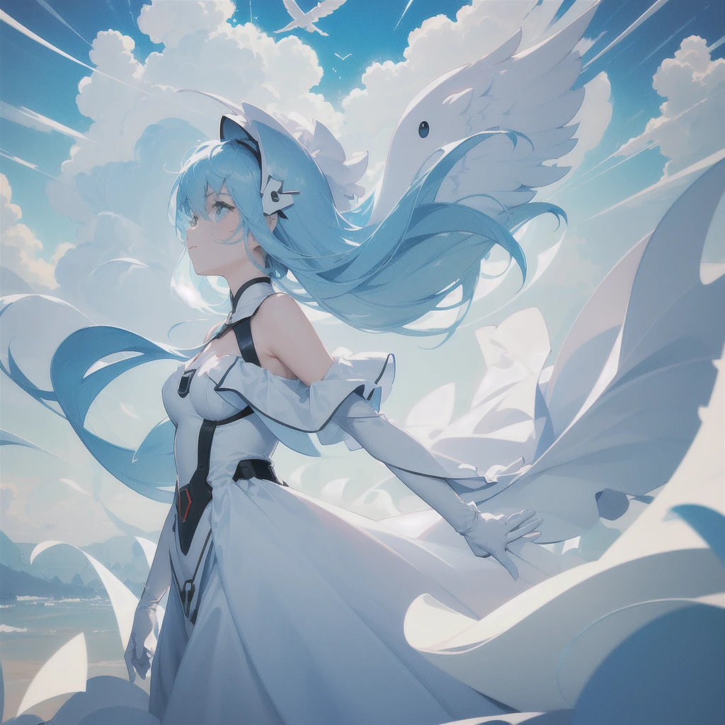 masterpiece, best quality, movie still, 1girl, floating in the sky, cloud girl, cloud, (close-up:1.1), bright, happy, fun, soft lighting, (Bauhaus, shapes, lines, abstract:1.1)