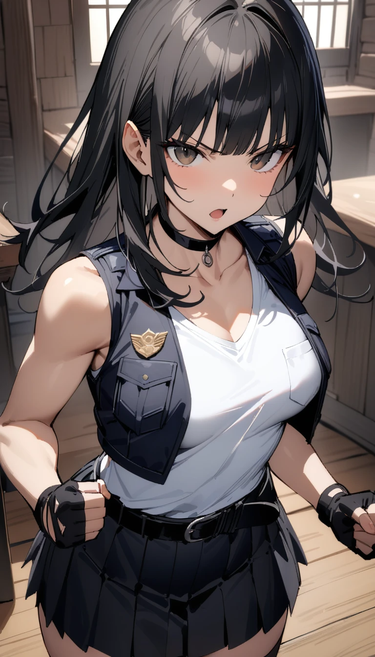 ((Highest quality)), ((masterpiece)), (detailed),cowboy shot , Rin々Policewoman　small breasts 　Mature Woman, ((A white sleeveless U-neck T-shirt with a black sleeveless chest pocket police vest layered over it)),　Black choker,((clavicle))、Black long hair　Blunt bangs　black pleated mini skirt　black fingerless gloves　V-shaped eyebrows　Combat Stance　Black Belt　Clenched fist　Old tavern