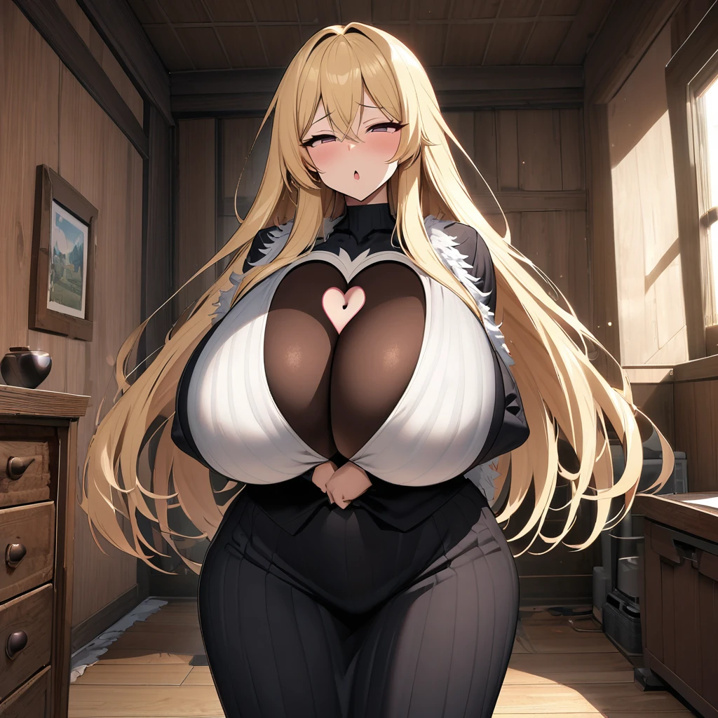 blonde hair color,long hair,slanted eyes,double edged eyelid,super huge breasts,slender,black knit long sleeves,Heart-shaped hole in the chest,Small feather shawl,near,standing up,house,in room