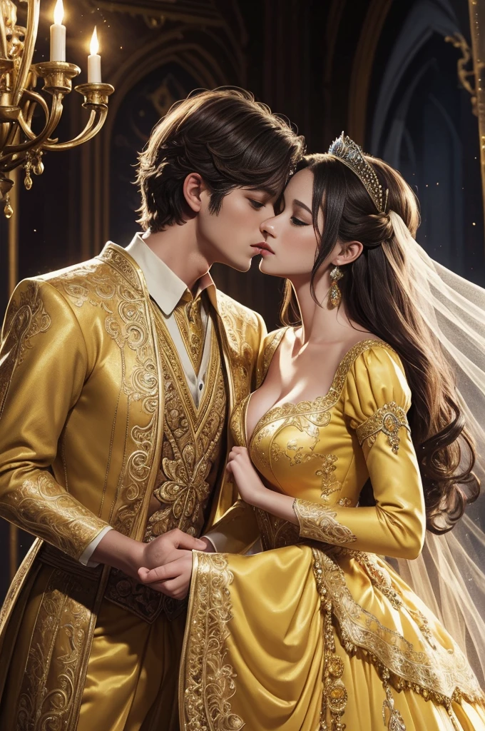 Fantasy illustration of a princess in a yellow dress, handsome prince, ethereal, detailed, highres, romantic, fantasy, detailed dress, love, intricate details, magical atmosphere,couple, couple, sensual, sultry, kissing