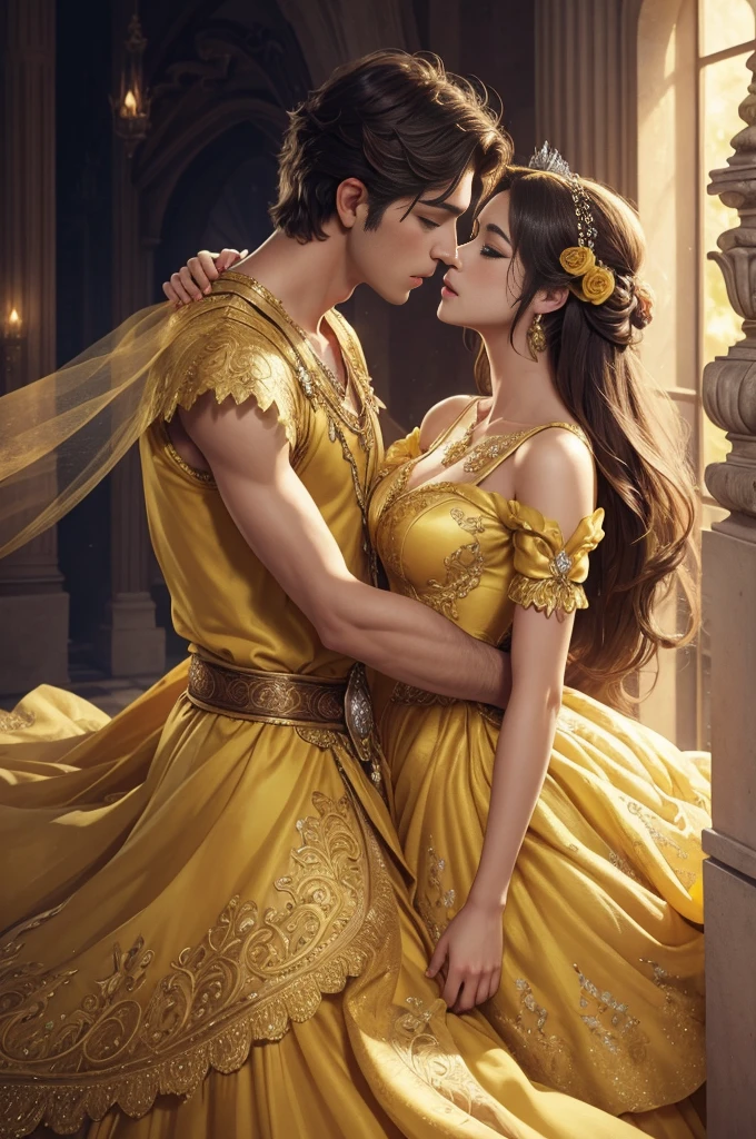 Fantasy illustration of a princess in a yellow dress, handsome prince, ethereal, detailed, highres, romantic, fantasy, detailed dress, love, intricate details, magical atmosphere,couple, couple, sensual, sultry, kissing