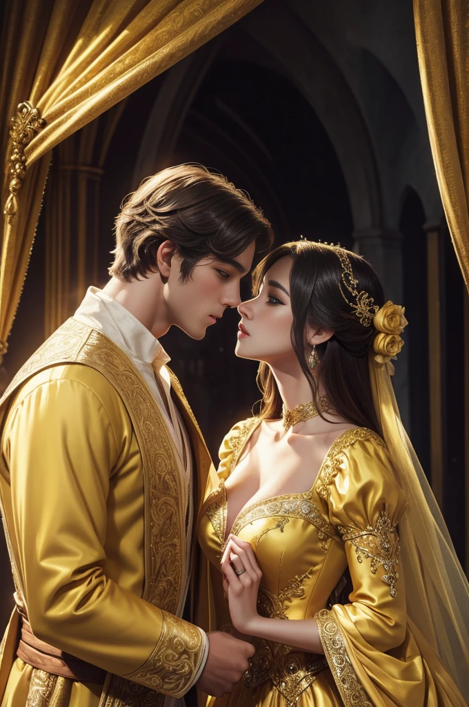 Fantasy illustration of a princess in a yellow dress, handsome prince, ethereal, detailed, highres, romantic, fantasy, detailed dress, love, intricate details, magical atmosphere,couple, couple, sensual, sultry, kissing