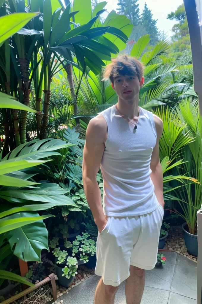 Full body shot, a handsome wearing tank top, upper body, outdoor, 28yo, caucasian, darelljones, ultra realistic, highres, solo, american boy, tropical forest, chill vibe, (masterpiece,best quality:1.5)