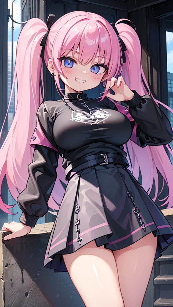 (masterpiece、highest quality、Super detailed)、((One girl))、((Pink Hair))、((Twin tails))、((Light blue eyes))、evil smile、((Grin))、Earrings、((Very large breasts))、((Black T-shirt))、((Black Leather Jacket))、((Checked skirt))、edgpskirt、Multiple Chains、Cowboy Shot、City Background