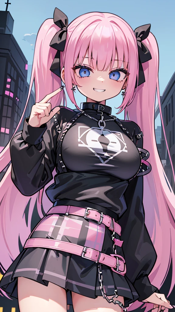 (masterpiece、highest quality、Super detailed)、((One girl))、((Pink Hair))、((Twin tails))、((Light blue eyes))、evil smile、((Grin))、Earrings、((Very large breasts))、((Black T-shirt))、((Black Leather Jacket))、((Checked skirt))、edgpskirt、Multiple Chains、Cowboy Shot、City Background