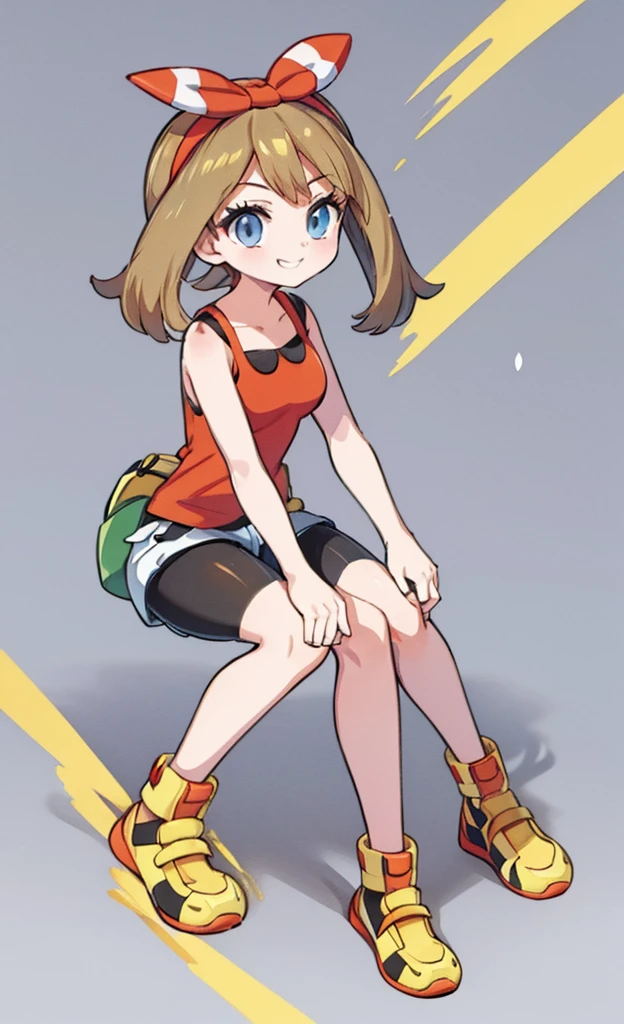 masterpiece,Highest quality,1 Girl,alone,Pokémon-like art style, may \(pokemon\), red shirt, tank top, headband, bow, white shorts, bike shorts under shorts, smile, sitting, yellow footwear, full body ,ベッド