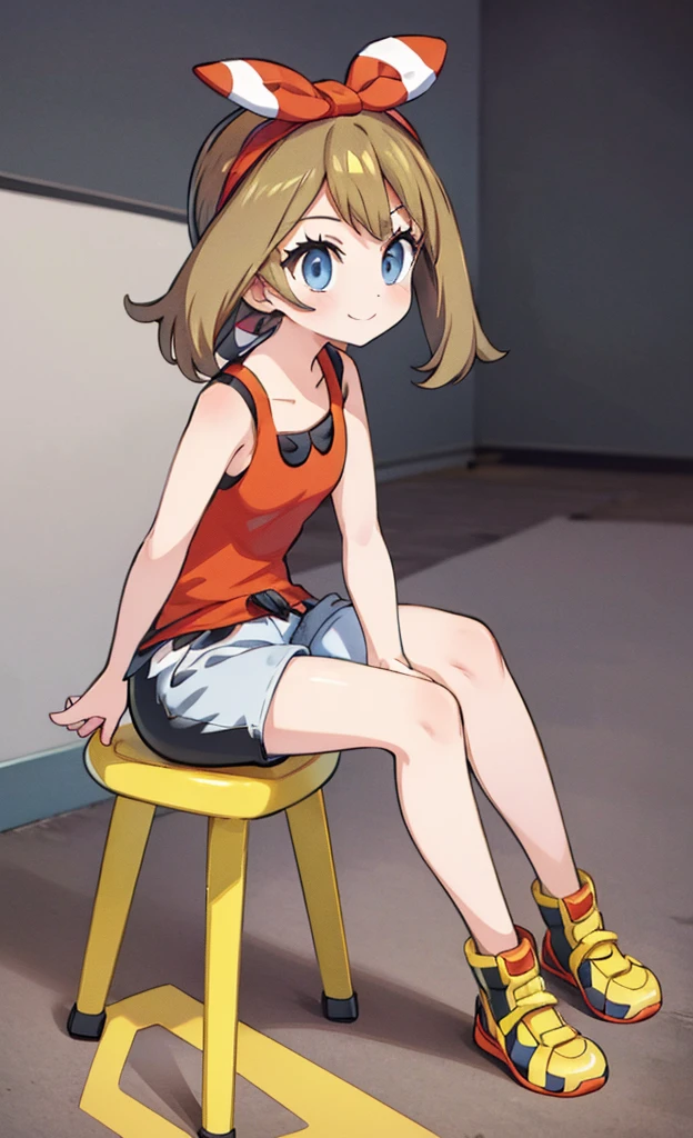 masterpiece,Highest quality,1 Girl,alone,Pokémon-like art style, may \(pokemon\), red shirt, tank top, headband, bow, white shorts, bike shorts under shorts, smile, sitting, yellow footwear, full body ,ベッド