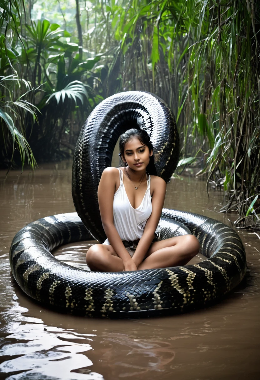 Top quality, masterpiece, super high resolution, real photo, raw photo, cute, beautiful indian young girl, happy expression, joy, glossy skin, dramatic lighting, full body, full body wet, dirty white tank top, sheer with thin fabric, white shirt dirty with mud, beautiful breasts, beautiful ass, butt sticking out, creepy, in the dark jungle, waterside, black large titanboa , slim, long limbs, slimy, slim Sleeping on large titanboa a large giant black titanboa wrapped around her neck, a large titanboa wrapped around her body, a titanboa’s head from between her crotches, a titanboa and a titan’s intertwining their tongues and kissing, a girl hugging giant titanbo a girl and a large titanboa staring at each other Many large anacondas horny aroused tentacle sex large object penetration nsfw snake tongue kissing blowjob bestiality