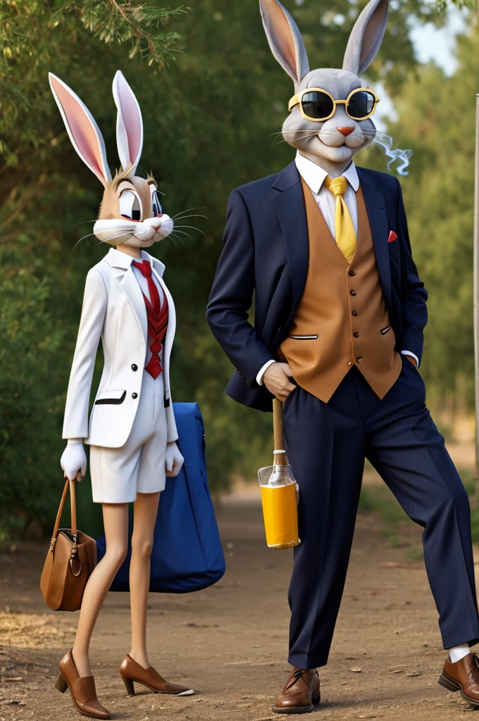 Make a Bugs Bunny from Looney Tunes with a suit and sunglasses smoking a joint