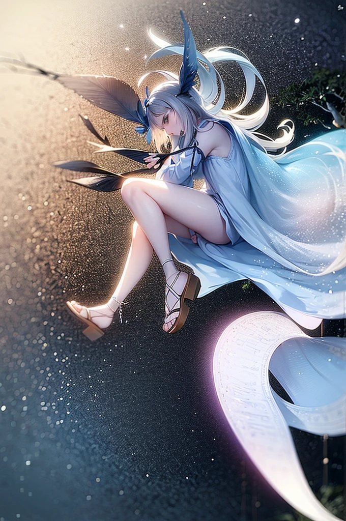 Alice (in wonderland), pretty ager (appealing), fly away, delicate and graceful body, soft and charming look, Feminine clothes (long white and flowery dress, bunny ears, sandals, in the forest at night, full moon visible in the background, 8K, best qualityer, realistic anime style, RPG