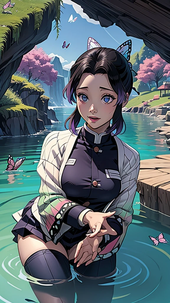 cute、Mini character、Mysterious lake and cave、Butterflies are fluttering、A school uniform with a butterfly-like haori、Poisonous、comics