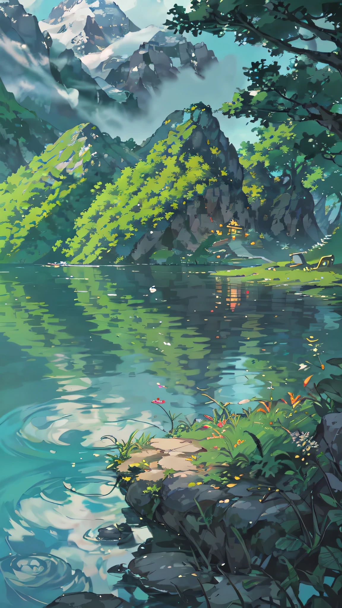 China, spring, jungle, lake, cave, Fall, Tree, grassland, rock, deer, hot spring, water vapor, (illustration: 1.0), Epic Composition, Realistic lighting, High-resolution details, masterpiece, best quality, (Highly detailed CG Unity 8k wallpaper)