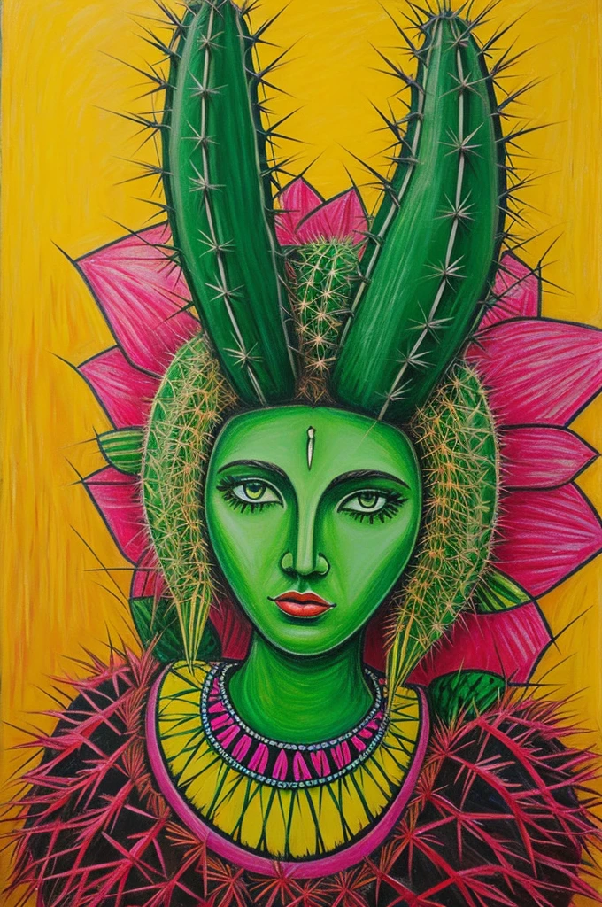 Cactus woman surreal art with oil pastel