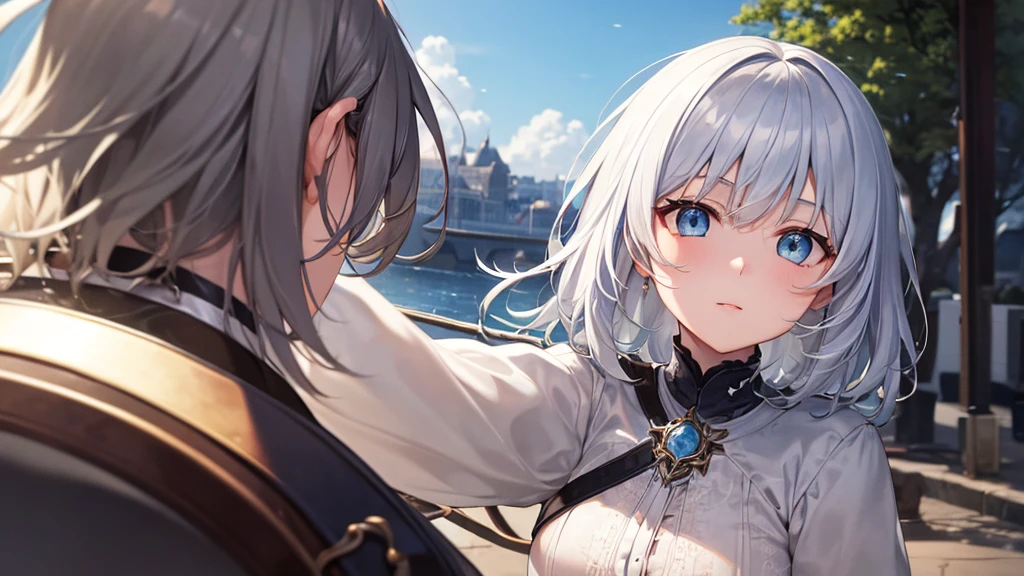 super high quality, With a girl, 20-year-old, Very short hair, Long bangs between the eyes, Pale blue eyes , blue sky, sunlight,(masterpiece、Highest quality)、alone、Gray Hair、Fantasy, Silver Hair, black eye, Beautiful Eyes, Fantasyな風景