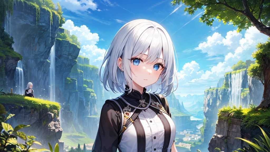 super high quality, With a girl, 20-year-old, Very short hair, Long bangs between the eyes, Pale blue eyes , blue sky, sunlight,(masterpiece、Highest quality)、alone、Gray Hair、Fantasy, Silver Hair, black eye, Beautiful Eyes, Fantasyな風景