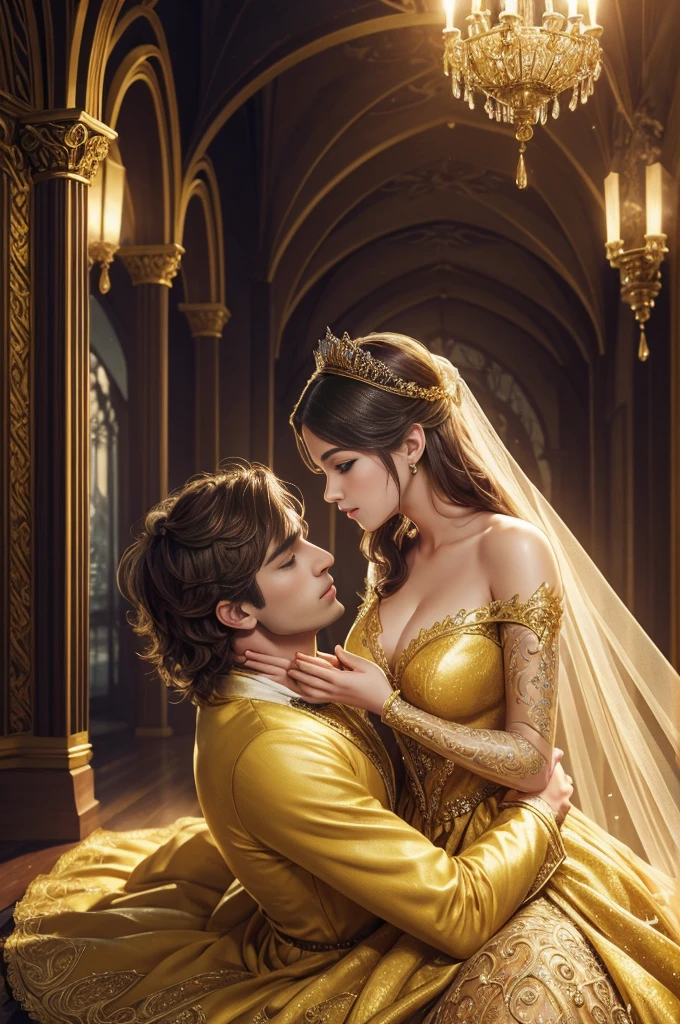 Fantasy illustration of a princess in a yellow dress, handsome prince, ethereal, detailed, highres, romantic, fantasy, detailed dress, love, intricate details, magical atmosphere,couple, couple, sensual, sultry, kissing