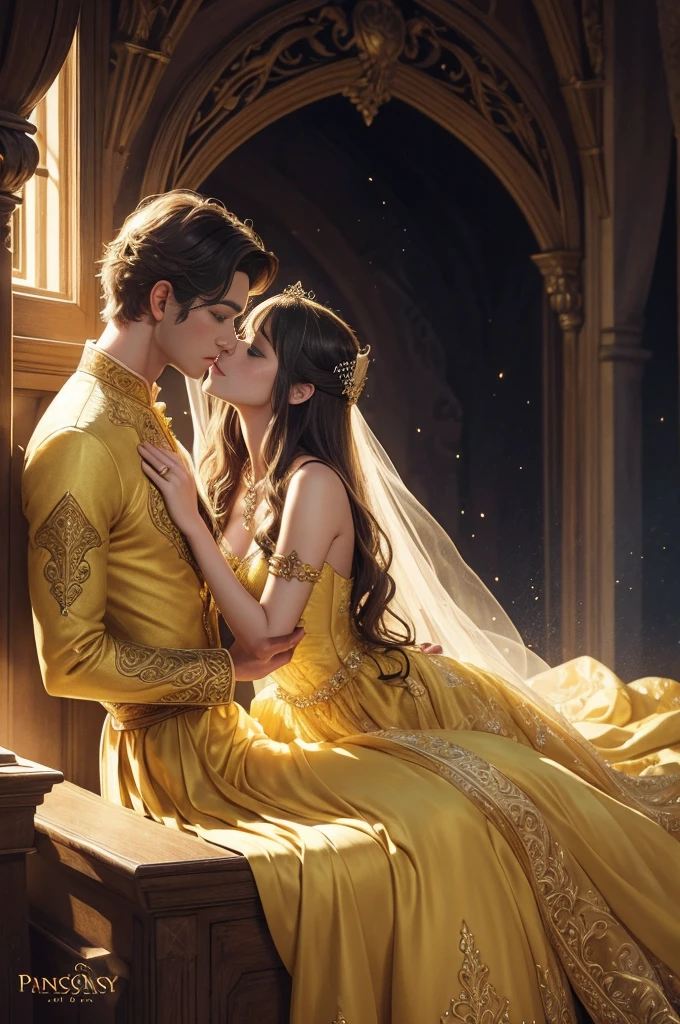 Fantasy illustration of a princess in a yellow dress, handsome prince, ethereal, detailed, highres, romantic, fantasy, detailed dress, love, intricate details, magical atmosphere,couple, couple, sensual, sultry, kissing