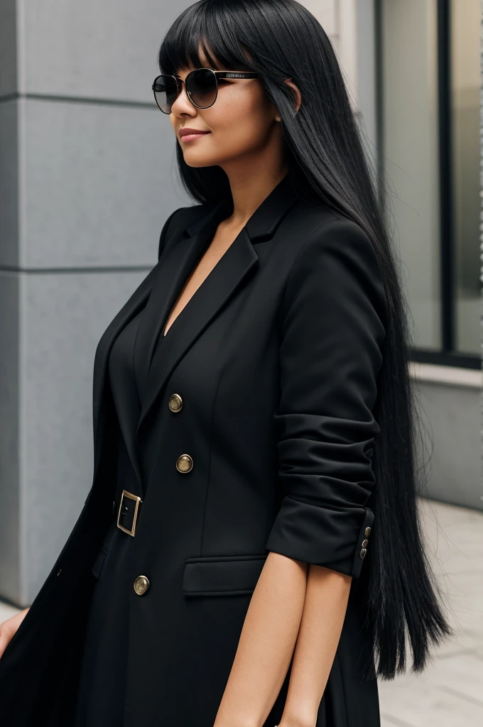 Realistic woman, black long hair, straight bangs, retro shades, not smiling, black dress with side slits, thick thighs, wearing a black business coat