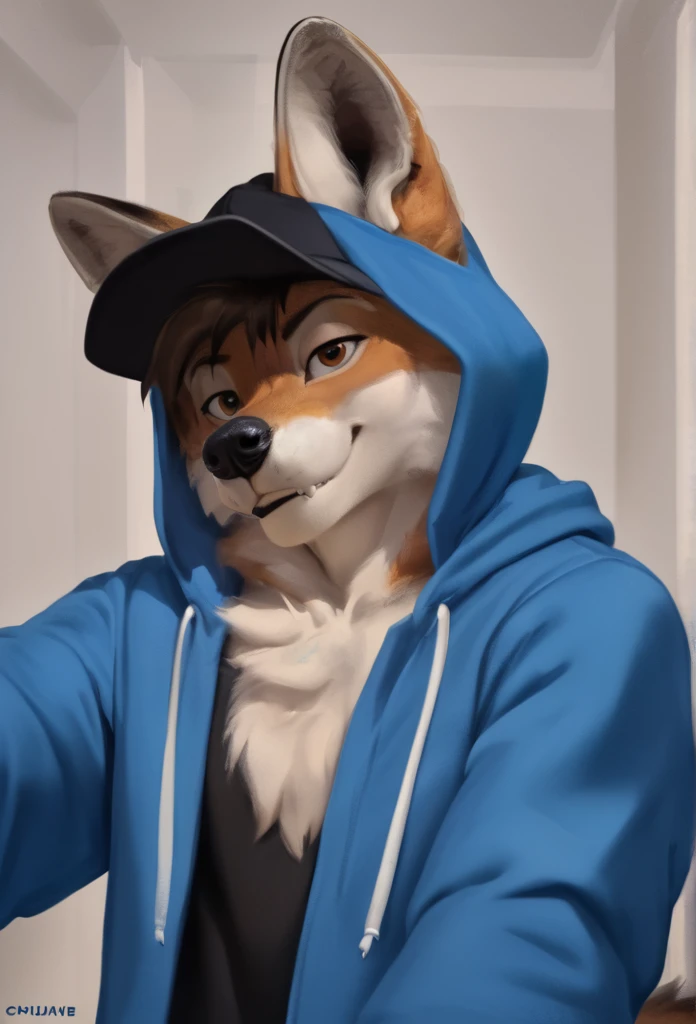 arafed wolf wearing a blue hoodie and a black hat, in a hoodie, thick furry neck and chest fluff, commission for high res, wearing a hoody, wearing a hoodie, wearing a blue hoodie, furry wolf, furry chest, casually dressed, furry fursona, an anthro wolf, pov furry art, fursona furry art commission, dressed casually
