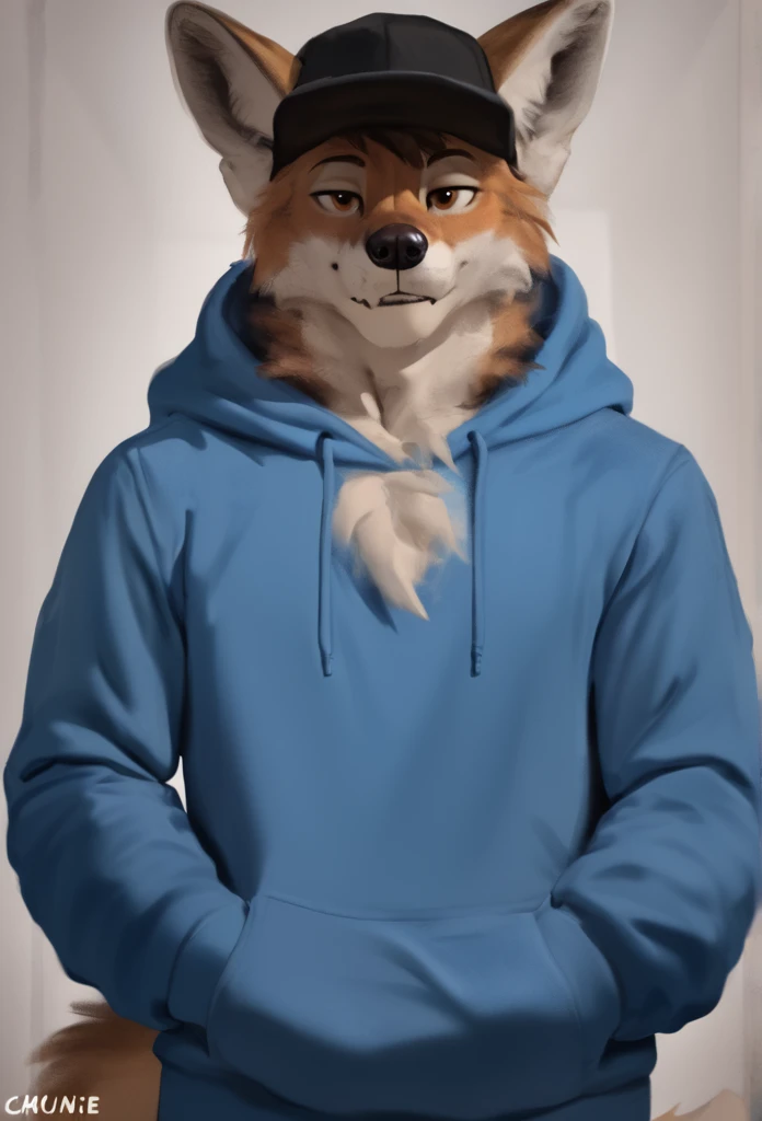 arafed wolf wearing a blue hoodie and a black hat, in a hoodie, thick furry neck and chest fluff, commission for high res, wearing a hoody, wearing a hoodie, wearing a blue hoodie, furry wolf, furry chest, casually dressed, furry fursona, an anthro wolf, pov furry art, fursona furry art commission, dressed casually