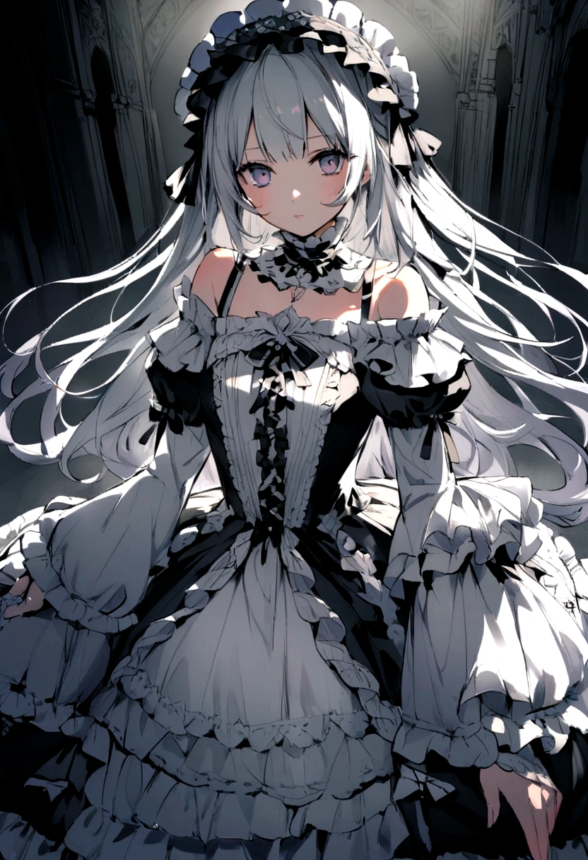 there is a dress on a men , rococo ruffles dress, rococo dress, baroque dress, intricate fantasy dress, ornate frilly dress, romantic dress, frilly outfit, fantasy dress, frill, lolita style, full dress, ((lolita fashion)), long sleeves dress, many layers lolita dress, palatte color include black and white