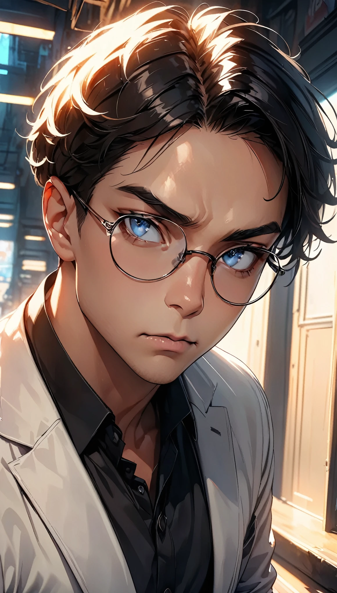 One Man, a handsome guy, Man wearing glasses, Close-up shot, Detailed facial features, Beautiful Eyes, Sharp jaw line, Intense gaze, Serious expression, Random Action, Dutch Angle, Cowboy Shot, Dramatic lighting, Cinematic atmosphere, Bright colors, Chiaroscuro, (Highest quality:1.2, 4K, 8K, Very detailed, up to date, Vibrant, High detail, masterpiece:1.2, Highest quality, Best aesthetics), 