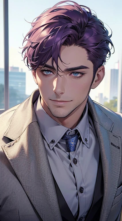 (best quality,4k,8k,highres,masterpiece:1.2),ultra-detailed,(realistic,photorealistic,photo-realistic:1.37),1 man,31 years old,mature man,very handsome,without expression,smile,short purple hair,blue eyes,penetrating gaze,perfect face without errors,imposing posture,businessman,office background,cinematic lighting,hdr image