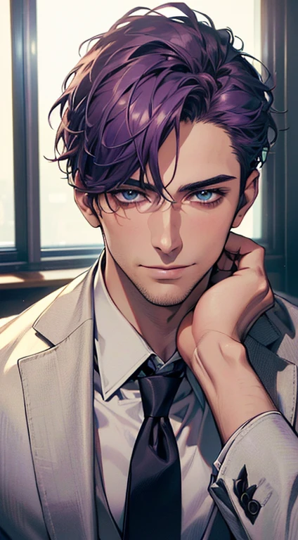 (best quality,4k,8k,highres,masterpiece:1.2),ultra-detailed,(realistic,photorealistic,photo-realistic:1.37),1 man,31 years old,mature man,very handsome,without expression,smile,short purple hair,blue eyes,penetrating gaze,perfect face without errors,imposing posture,businessman,office background,cinematic lighting,hdr image