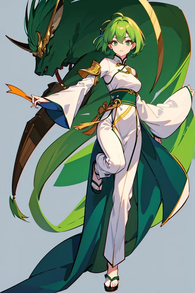 Green Hair、Her hair is short、small breast、upright stance、full body、Fighter、male、Uniform、Chinese Knight、Chinese style、White background、No exposure、China dress、pants、band、front、White clothes、Kung Fu