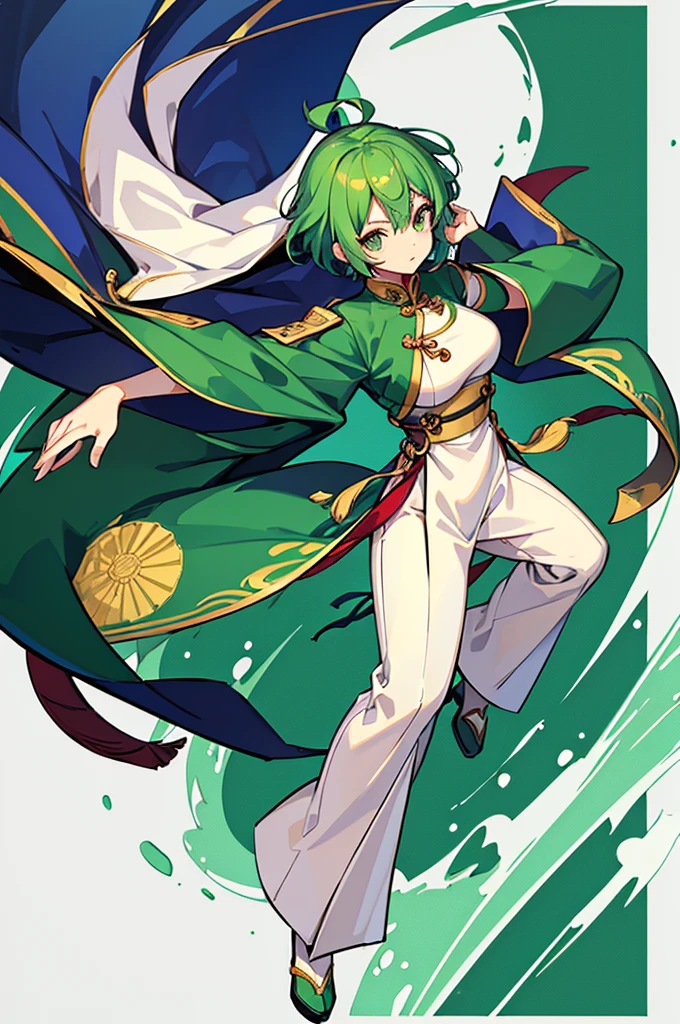 Green Hair、Her hair is short、small breast、upright stance、full body、Fighter、male、Uniform、Chinese Knight、Chinese style、White background、No exposure、China dress、pants、band、front、White clothes、Kung Fu