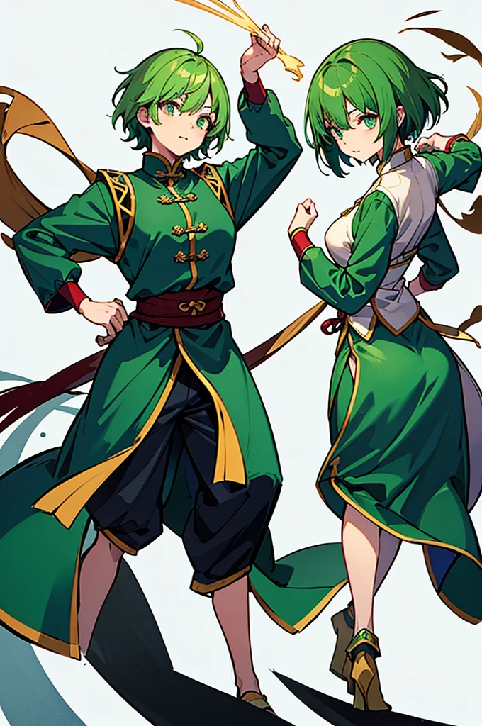 Green Hair、Her hair is short、small breast、upright stance、full body、Fighter、male、Uniform、Chinese Knight、Chinese style、White background、No exposure、China dress、pants、band、front、White clothes、Kung Fu
