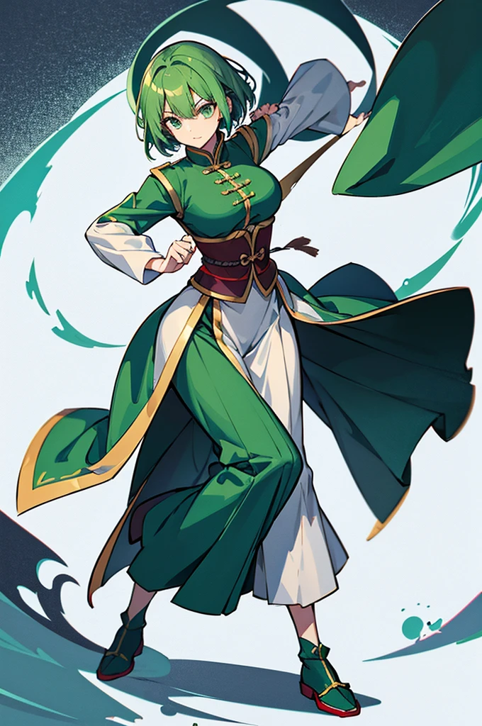 Green Hair、Her hair is short、small breast、upright stance、full body、Fighter、male、Uniform、Chinese Knight、Chinese style、White background、No exposure、China dress、pants、band、front、White clothes、Kung Fu