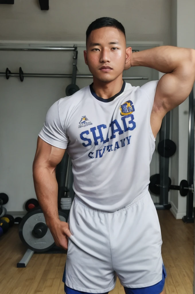 masterpiece, best quality, high resolution, realistic, handsome, photogenic, syahnk, SFW, a photo of a 35 year old gym frat (man:1.2) portrait, standing in a gym , military press, weights, stunning , short buzzcut hair,stubble head , (hypermuscle),looking at the viewer, flirting with the camera, charming, (tight white gym shirt ),(GS-Masculine:1), 8K UHD