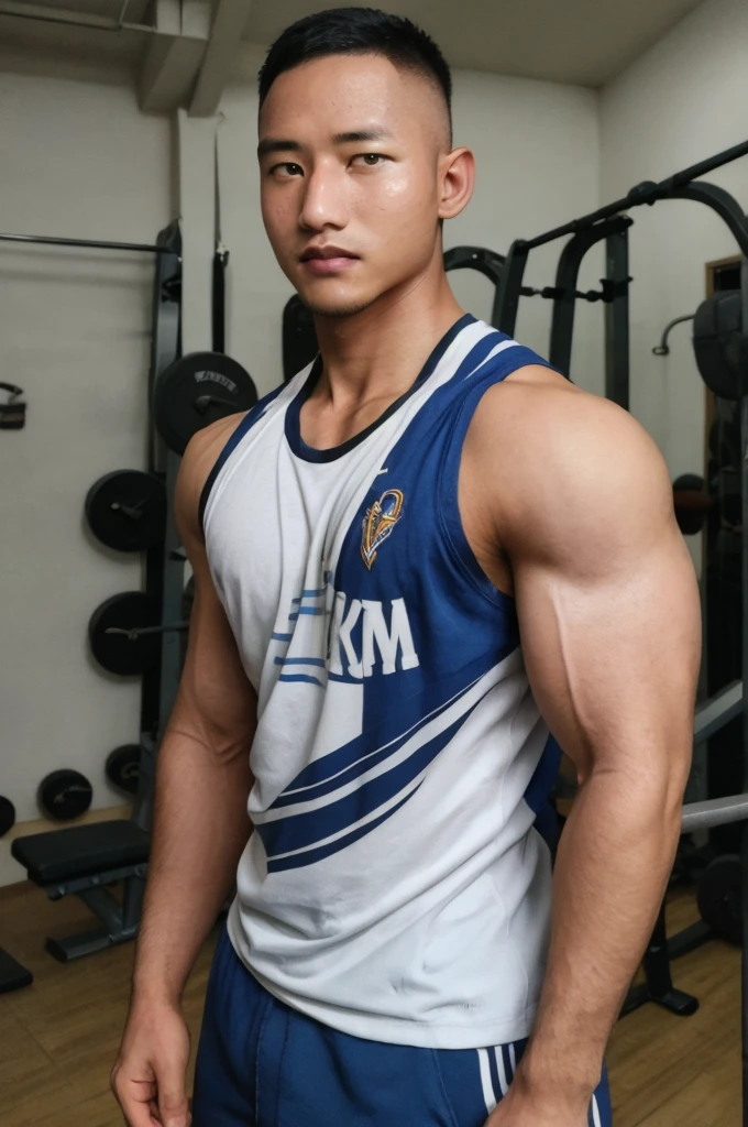 masterpiece, best quality, high resolution, realistic, handsome, photogenic, syahnk, SFW, a photo of a 35 year old gym frat (man:1.2) portrait, standing in a gym , military press, weights, stunning , short buzzcut hair,stubble head , (hypermuscle),looking at the viewer, flirting with the camera, charming, (tight white gym shirt ),(GS-Masculine:1), 8K UHD