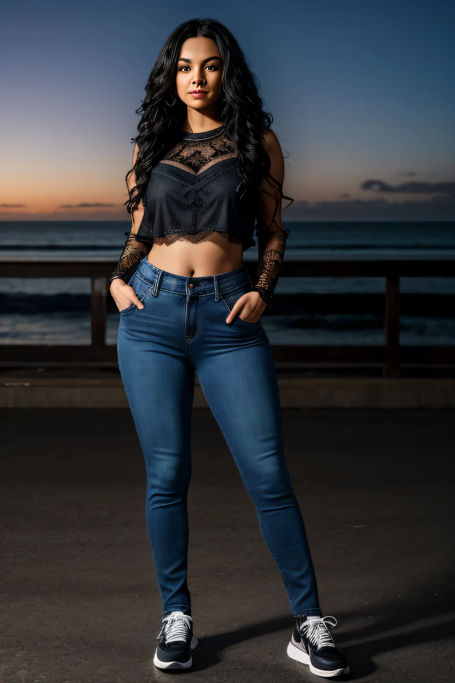 woman, long curly black hair, black lace top, blue denim pants, black Nike sneakers, wide hips, thick legs, full body, looking at the camera, at night, on a boardwalk with an ocean view, photorealistic