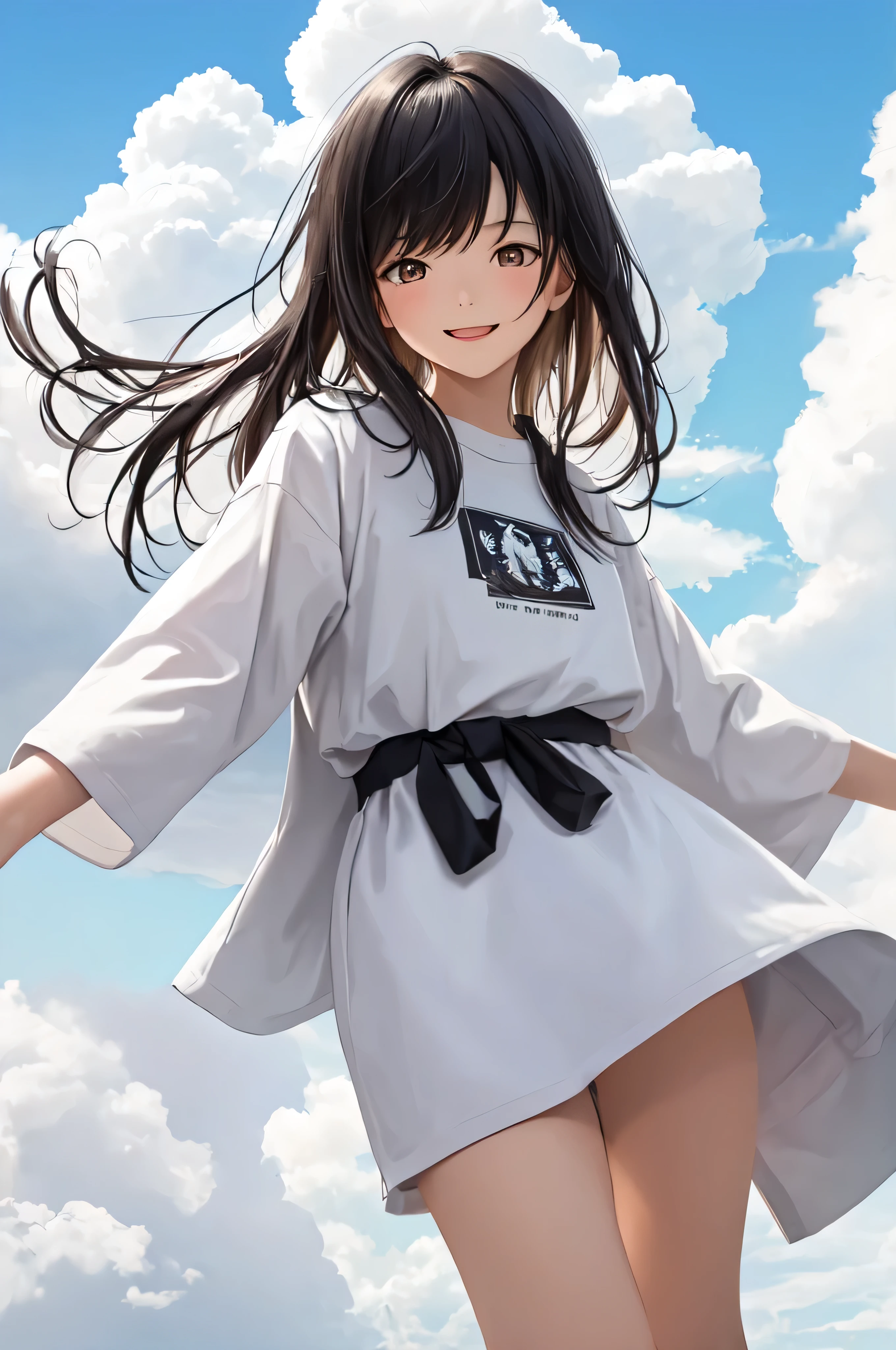 (masterpiece), (Highest quality), (Very detailed), (Disheveled Hair), (One Girl), (White clothes), (Black Hair), Full Body Shot, Perfect Anatomy, One Girl, cloud girl, cloud, Floating in the sky, bright, Happy, fun, Dazzling Light, (Bauhaus, shape, line, Abstract:1.1), blue sky, Dynamic Angle, Anime Style, smiling amidst the scenes, 10 years old