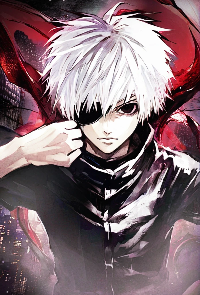 ```
ken kaneki, Tokyo Ghoul, white hair, black outfit, eyepatch, half-ghoul, serious expression, red kakugan eye, kagune tentacles, detailed face, high quality、Overall view、Uplifting、Cold-like sensation、Acrobatic
```