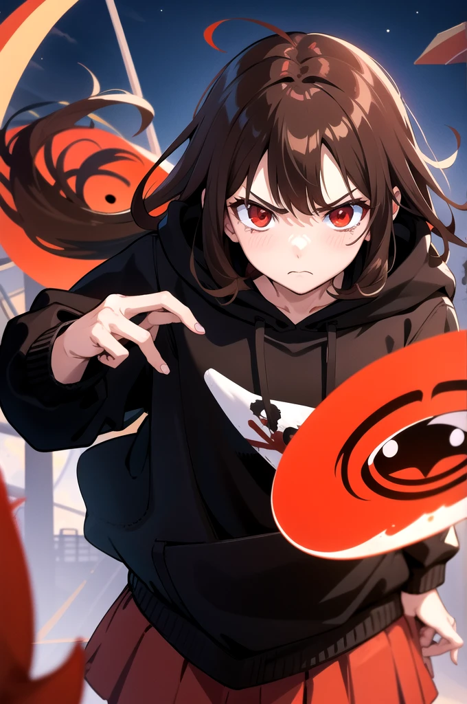 Brown hair. Anime girl. Red eye. Frowning. Black hoodie. Blood. Apocalypse city