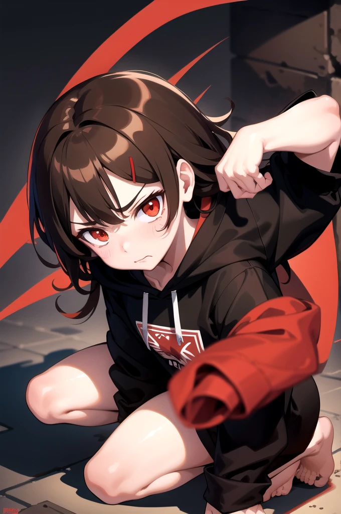 Brown hair. Anime girl. Red eye. Frowning. Black hoodie. Blood. Apocalypse city
