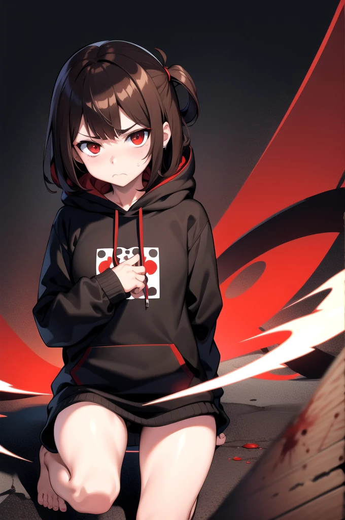 Brown hair. Anime girl. Red eye. Frowning. Black hoodie. Blood. Apocalypse city