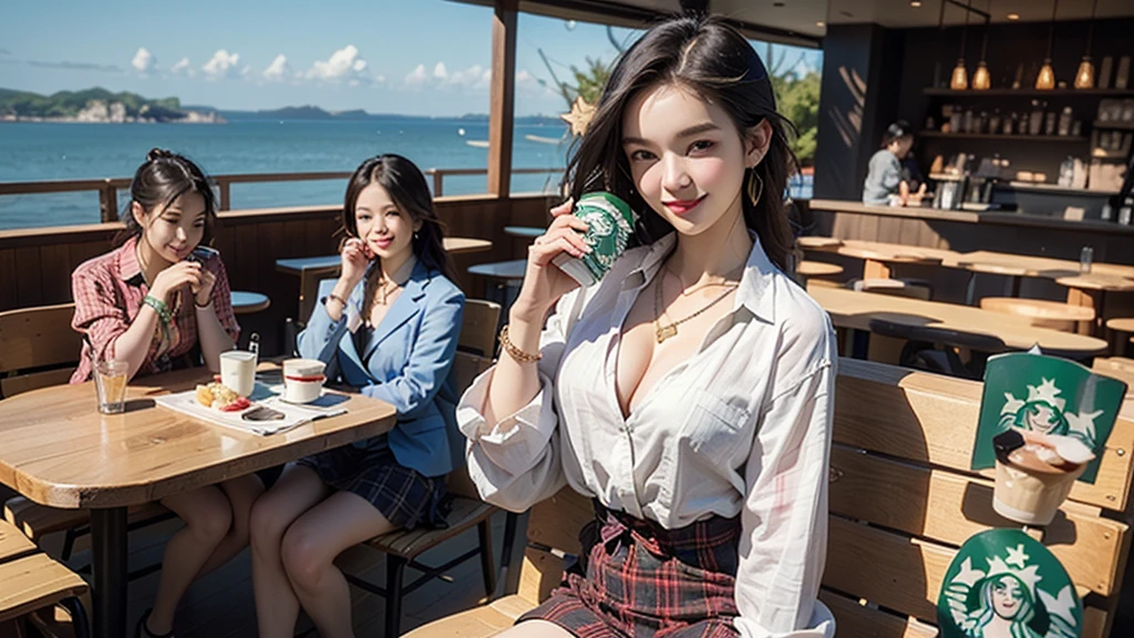 8K、RAW Photos、Highest quality、Super detailed、Super Resolution、Ultra HD、8K壁紙、Amazing details blazer uniform girl ((White blouse with formal collar, Blue Blazer,
Red Check Skirt, Red checkered ribbon on blouse)), Complete limbs, Full Finger,
(((((Starbucks)))))、((((Cafe bench with sea view))))((16 year old female student))、(((((Eat cake、Drink coffee、smile)))))、(((Heart Necklace、Gold bracelet)))
(((Emphasize cleavage)))
((((Full body photo、The whole body is visible、Full body portrait))))